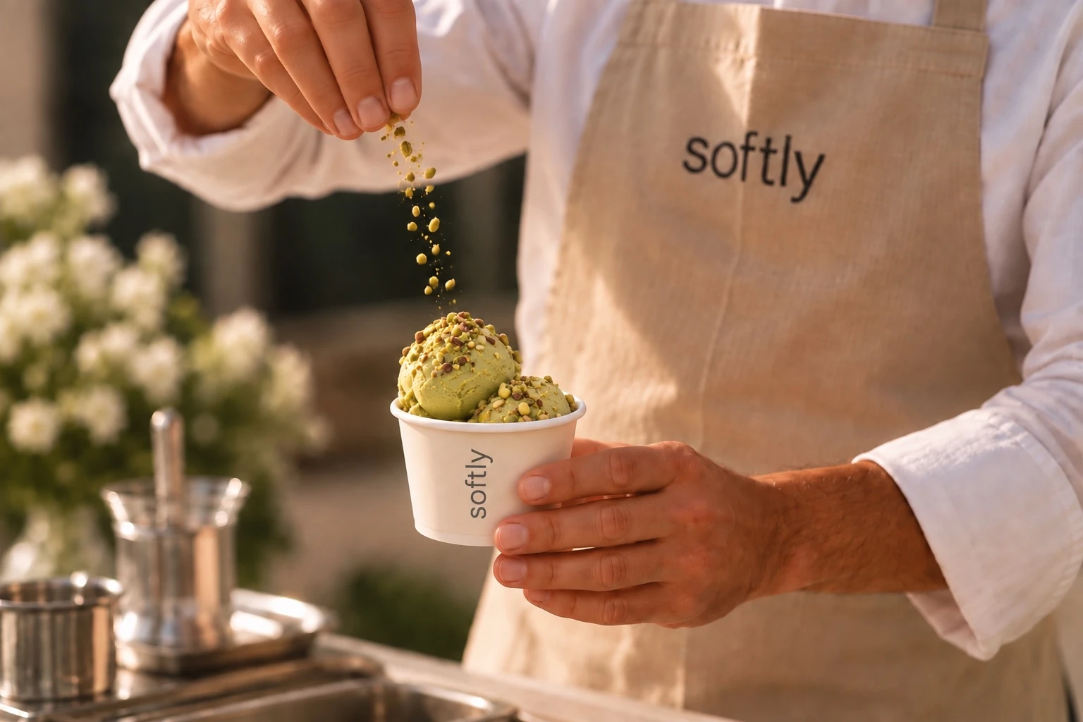 Pistachio gelato being finished by hand
