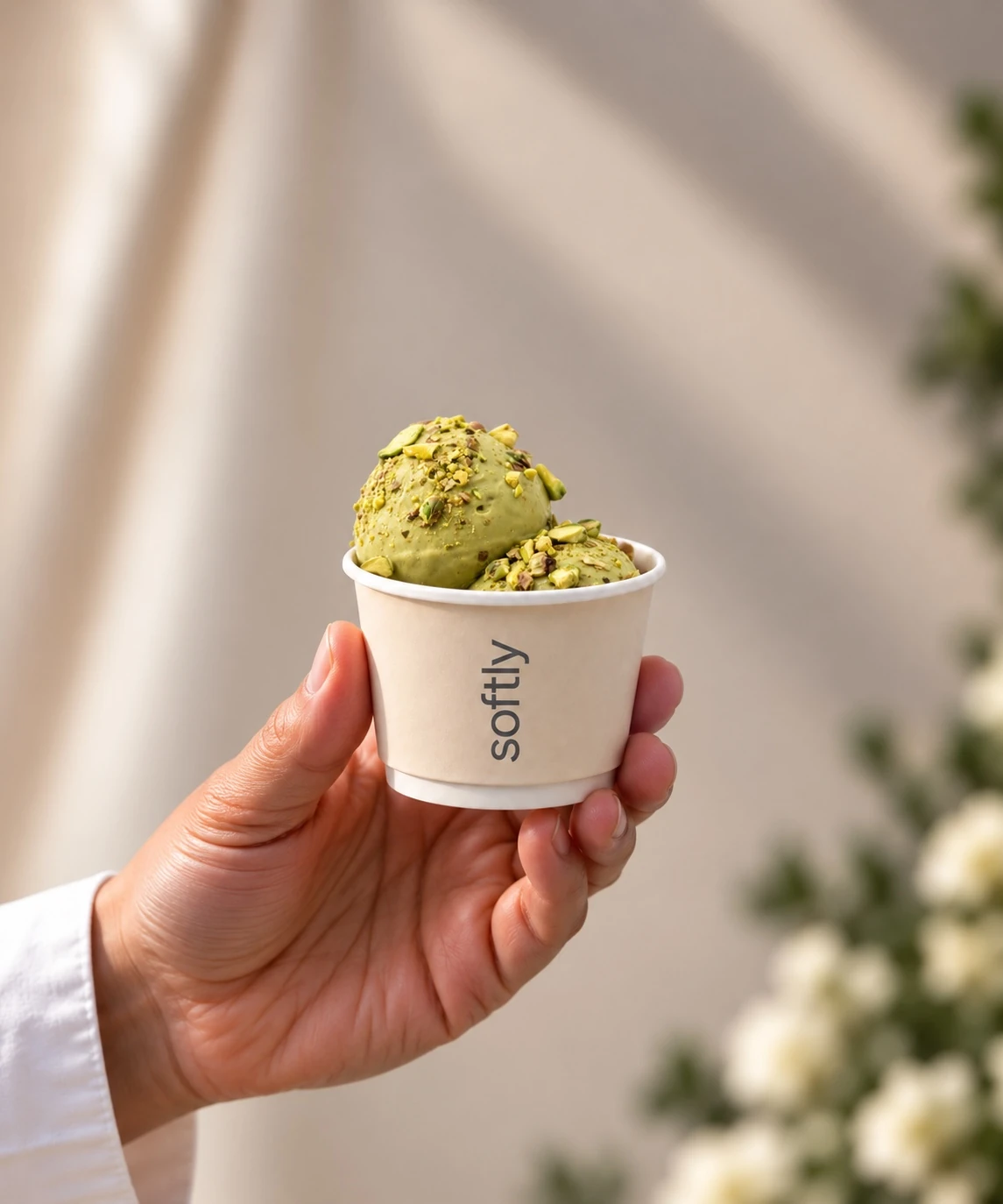 Pistachio gelato presented by hand