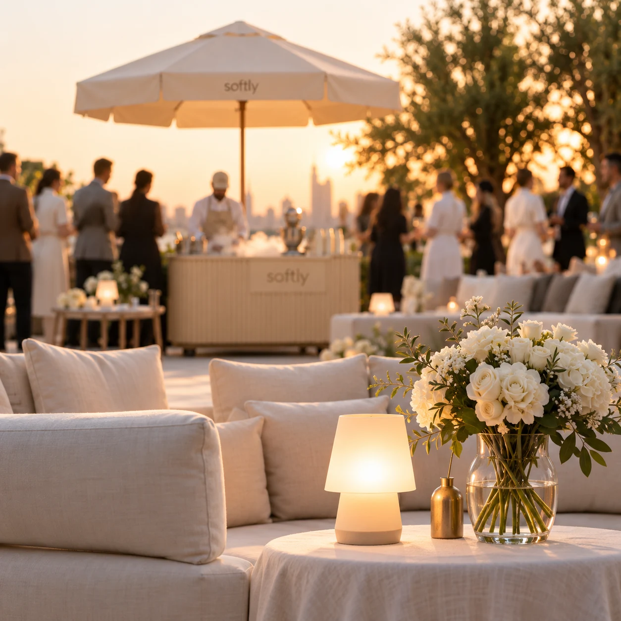 Elegant evening event with the Softly cart in the background